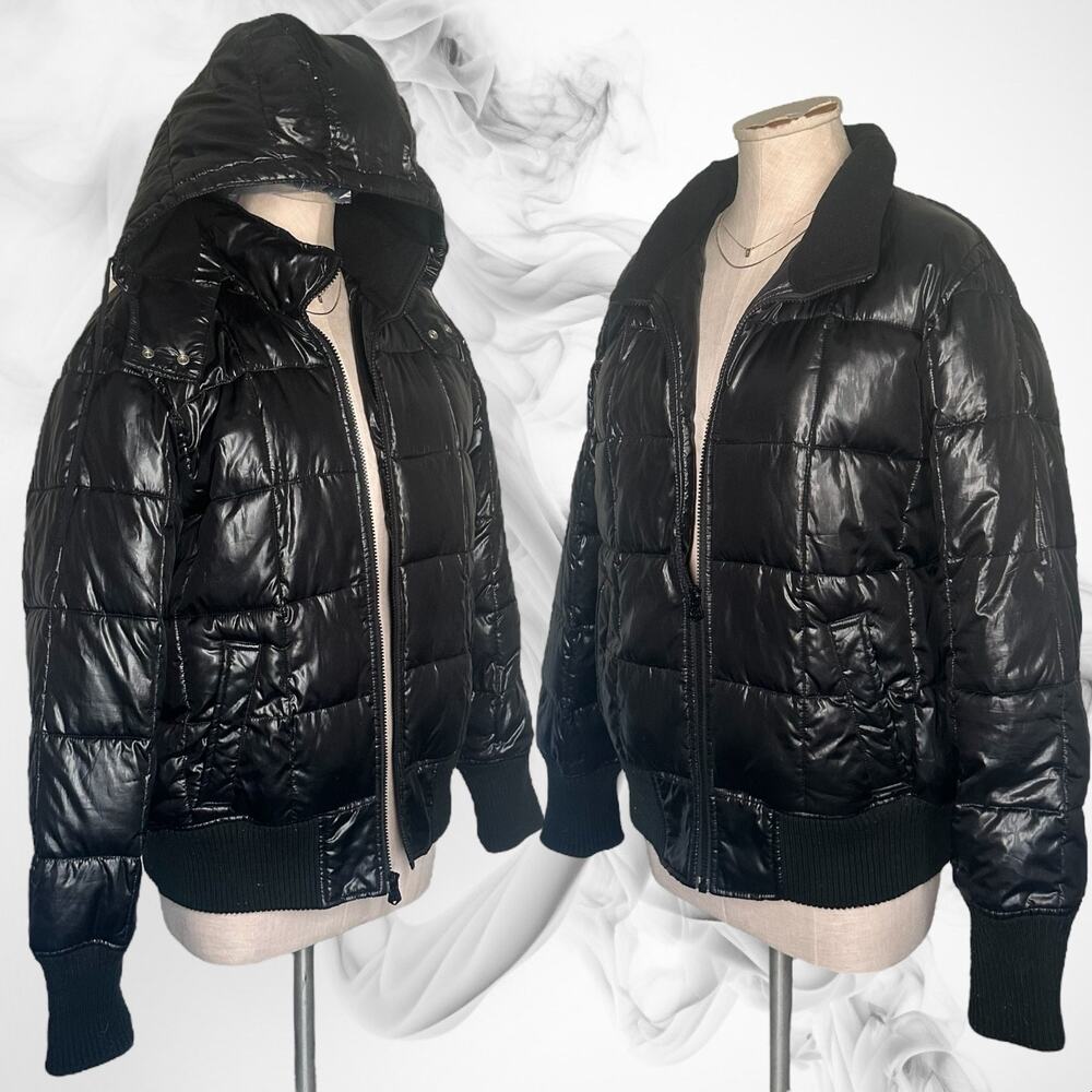 '94 Vintage OLD NAVY Quilted Puffer Jacket Gloss Removable Hood Coat Black XL